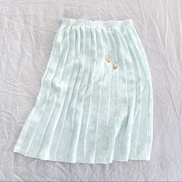 Vintage mint floral pleated silk midi skirt